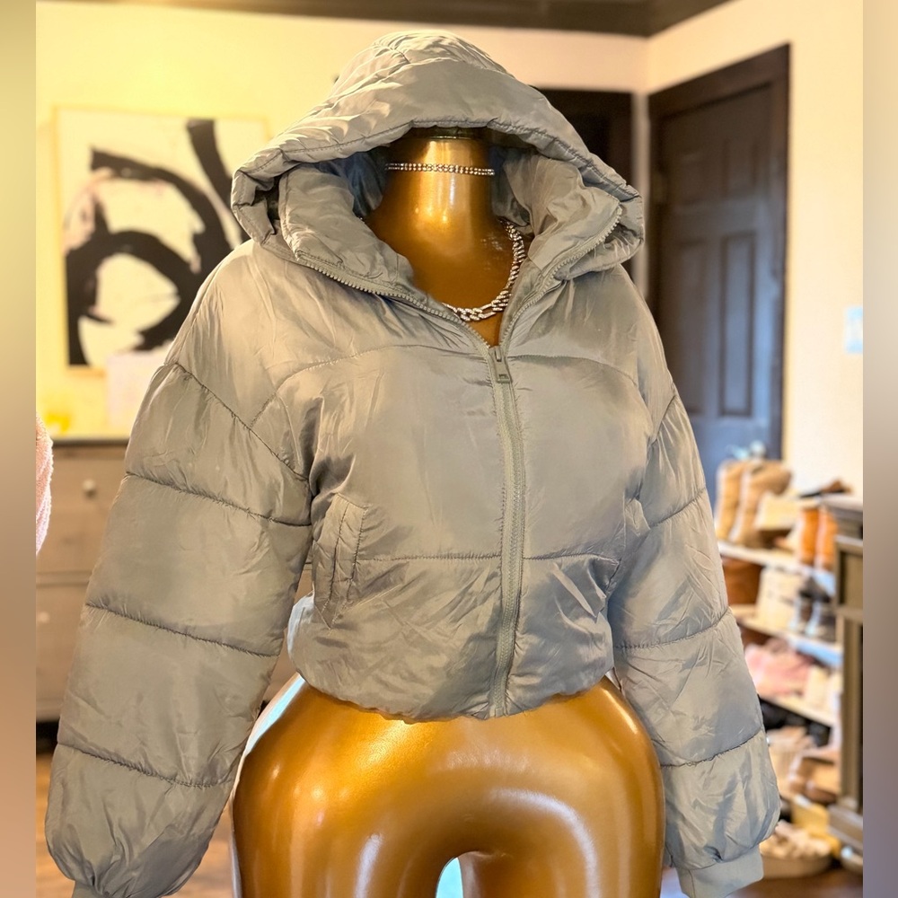 Ci Sono Cropped Hooded Puffer Jacket in Light Gray